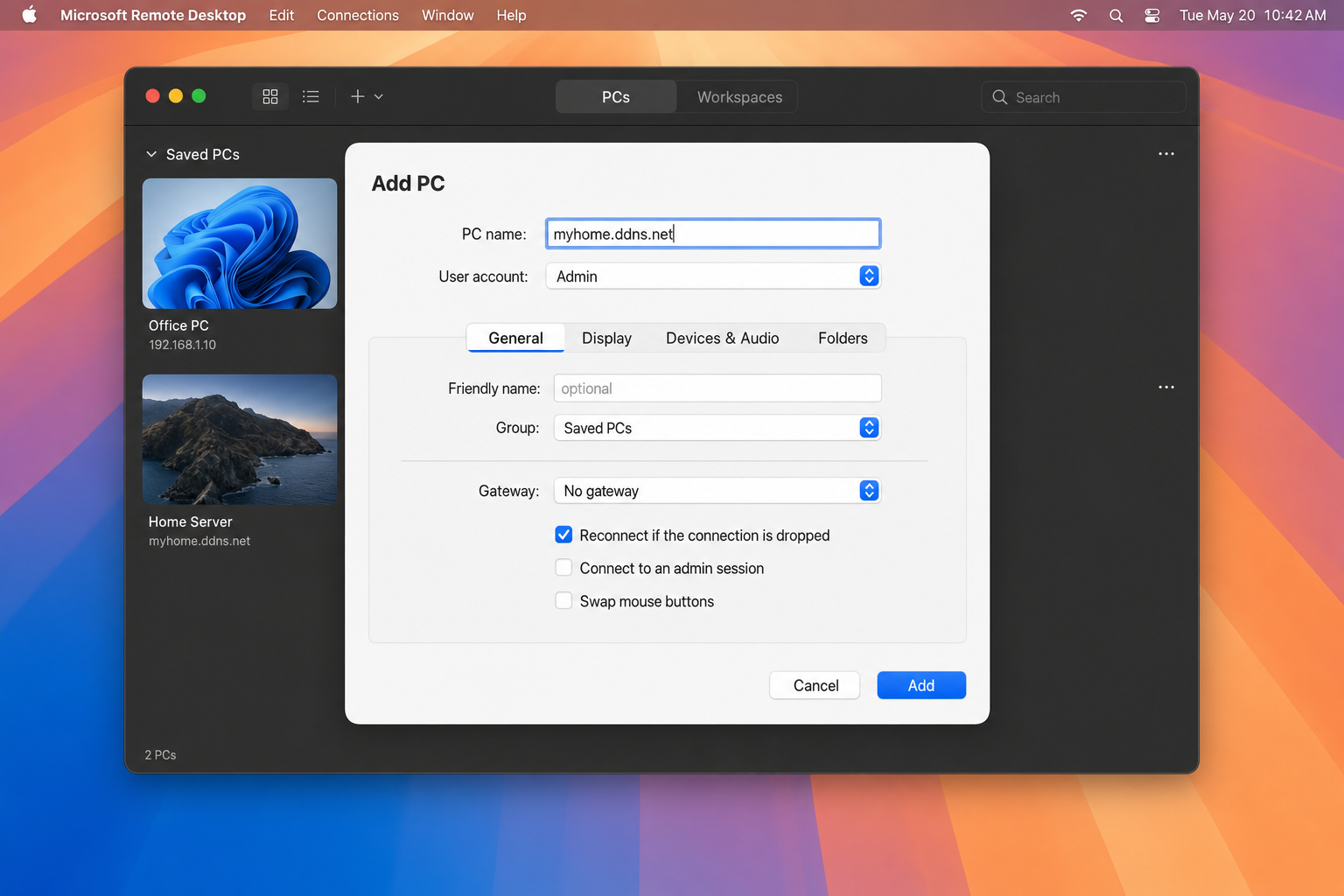 Microsoft Remote Desktop on macOS Sequoia showing Add PC dialog with DDNS hostname entered