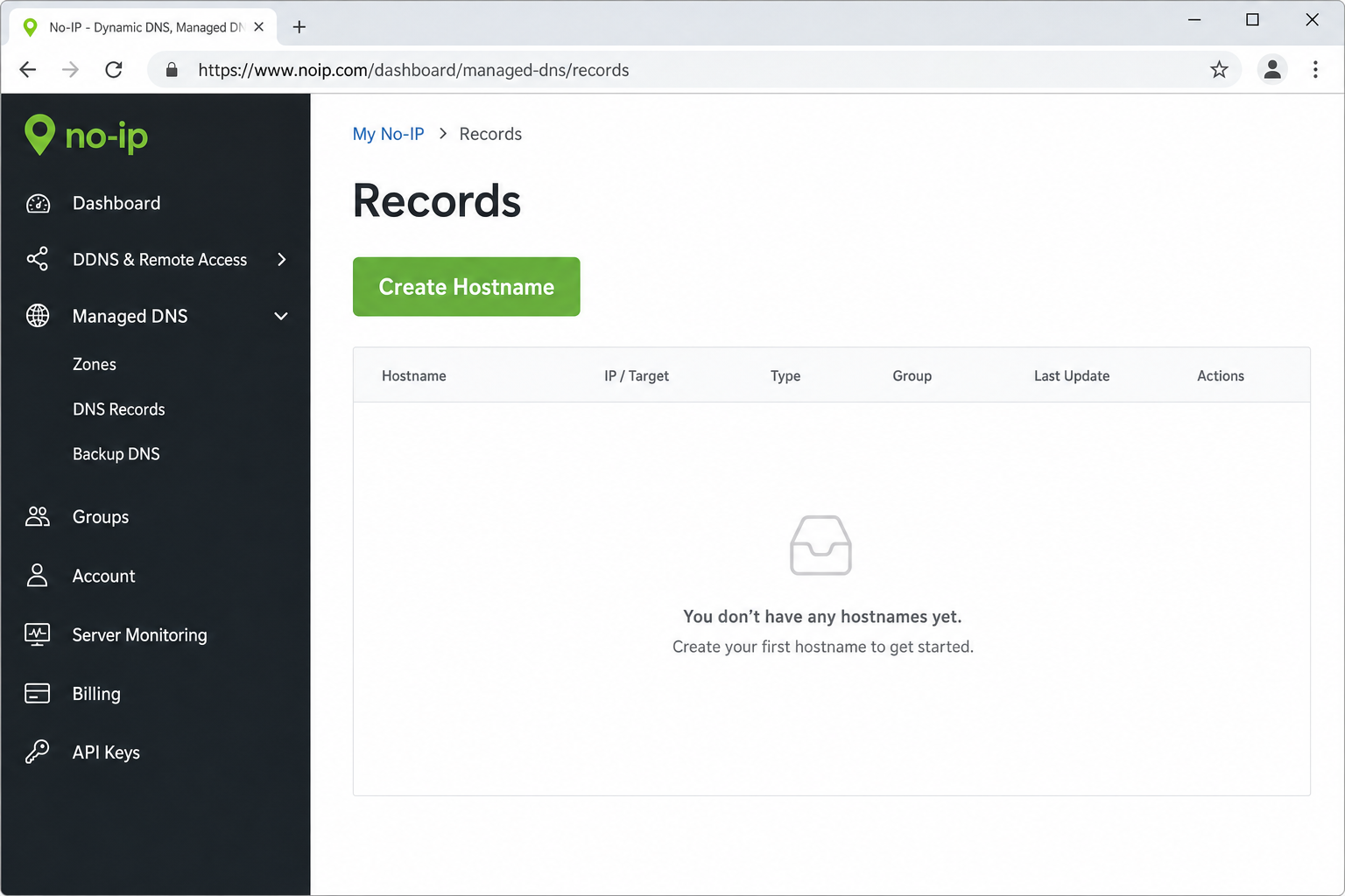 No-IP dashboard showing Dynamic DNS > Hostnames page with Add Hostname button