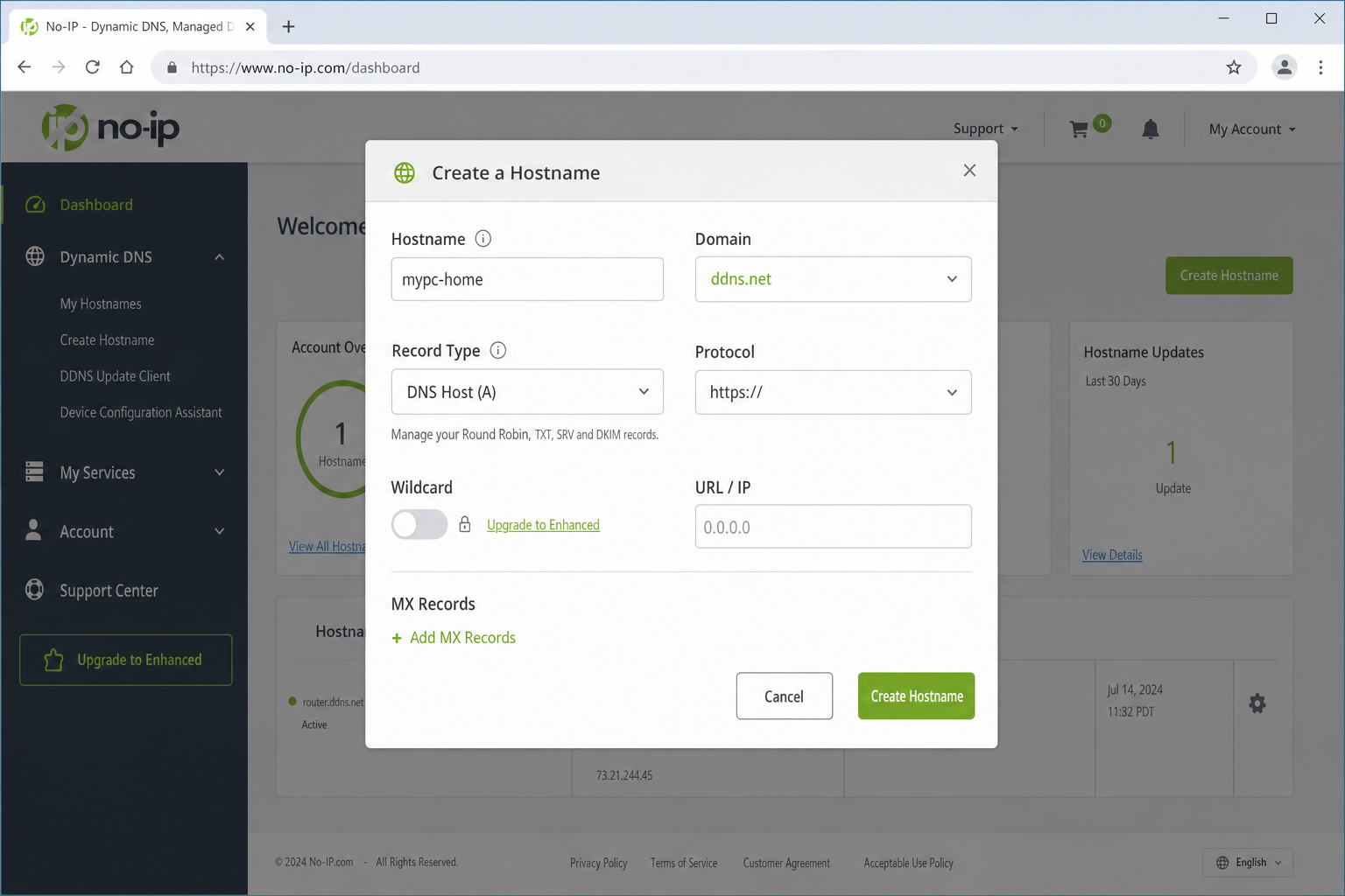 No-IP Add Hostname form with hostname field filled in and DNS Host A type selected