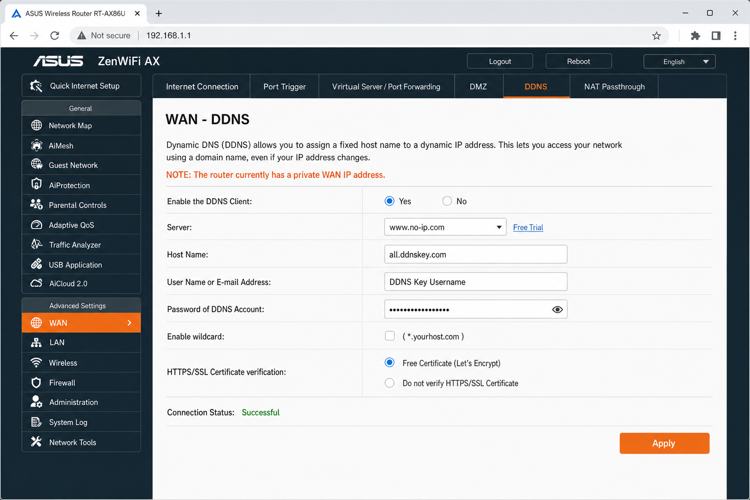 Modern router admin panel (e.g. ASUS or TP-Link) showing DDNS settings page with provider dropdown set to No-IP and status showing Successful