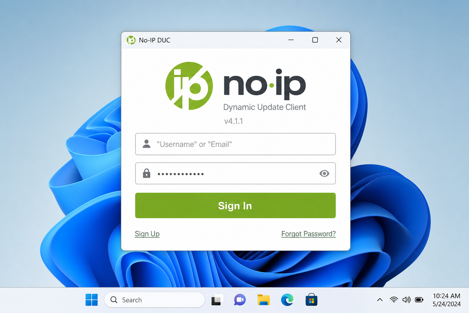 No-IP Dynamic Update Client login screen on Windows 11