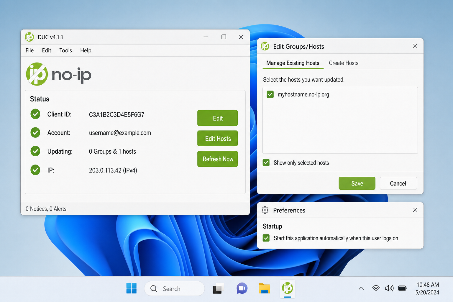 No-IP DUC on Windows 11 showing hostname list with checkbox selected and startup option enabled