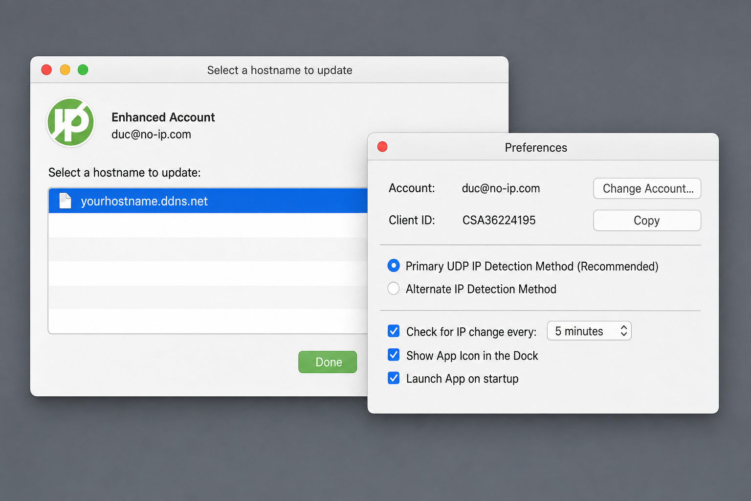 No-IP DUC on macOS showing hostname selected and preferences panel