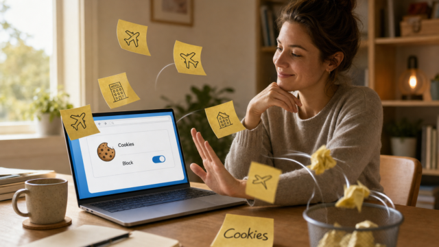 Woman at a desk looks at a laptop screen showing a Cookies toggle panel; yellow sticky notes float around. - delete-cookies-featured