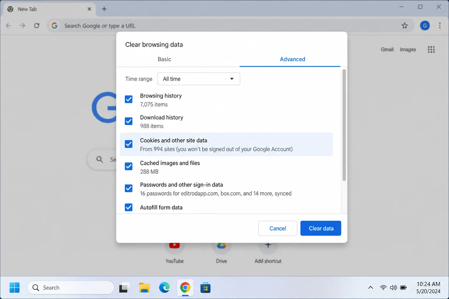 Chrome Clear browsing data popup with Cookies and other site data checked and Time range set to All time
