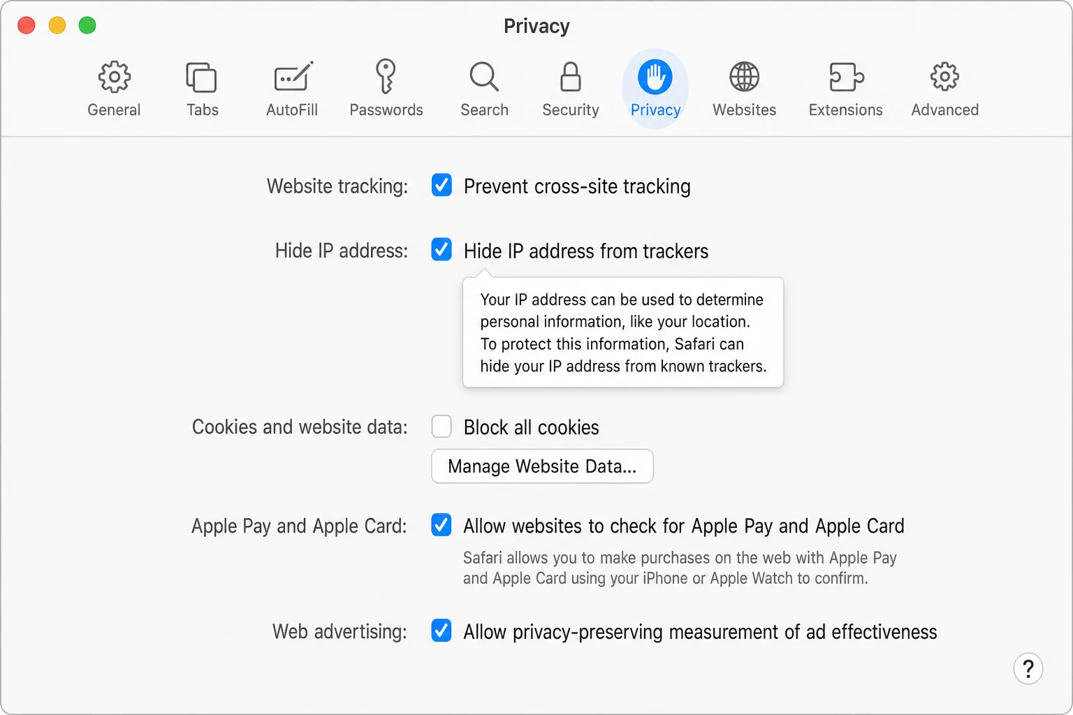 Safari Settings Privacy tab with Prevent cross-site tracking checkbox enabled and Block all cookies option visible