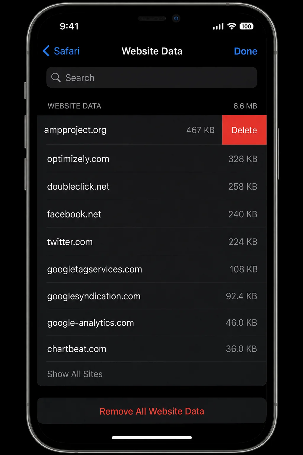 iPhone Safari Advanced settings showing Website Data list with individual site entries and Remove All Website Data button
