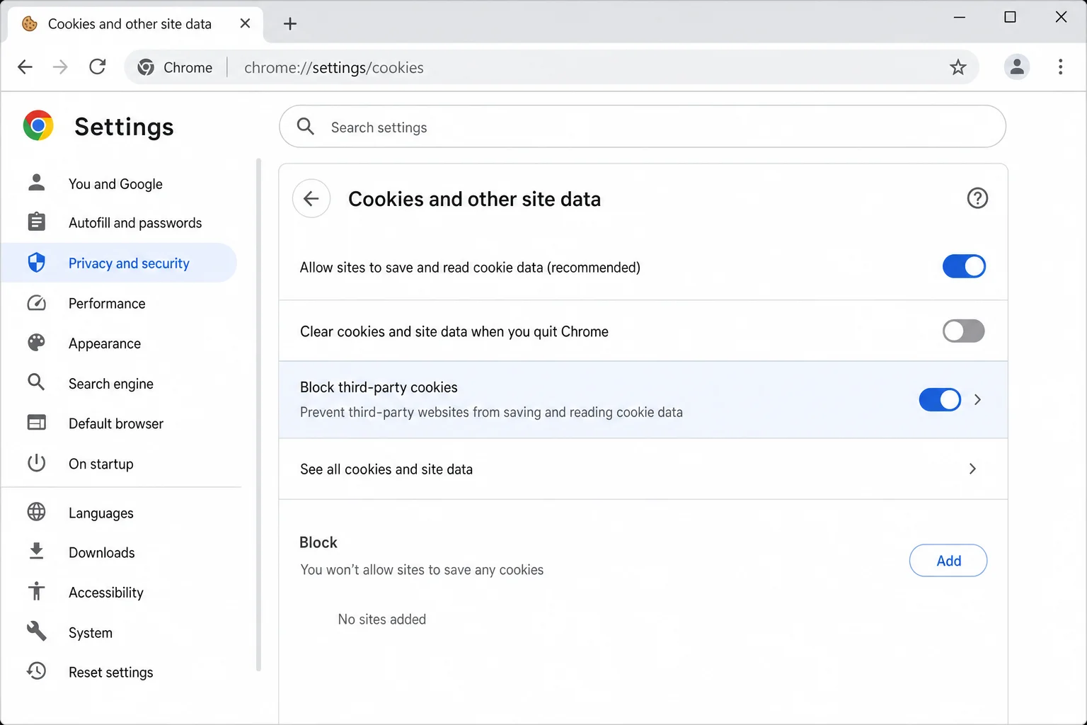 Chrome Cookies and other site data settings page with Block third-party cookies selected and Clear cookies on exit toggle visible