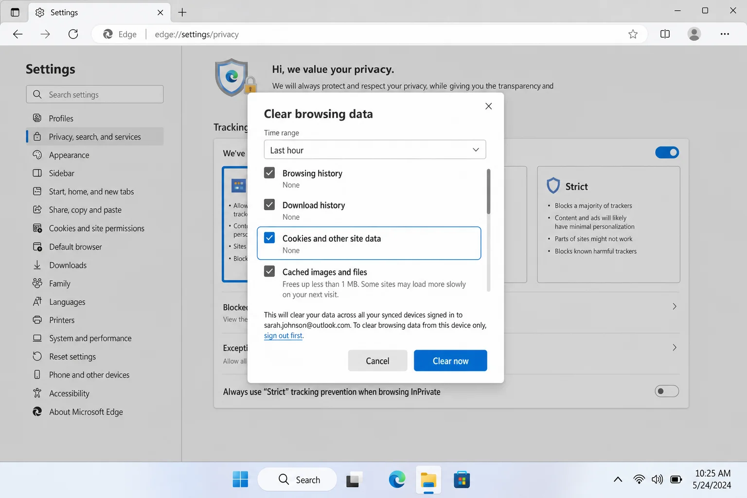 Microsoft Edge Clear browsing data dialog with Cookies and other site data checked and Clear now button visible