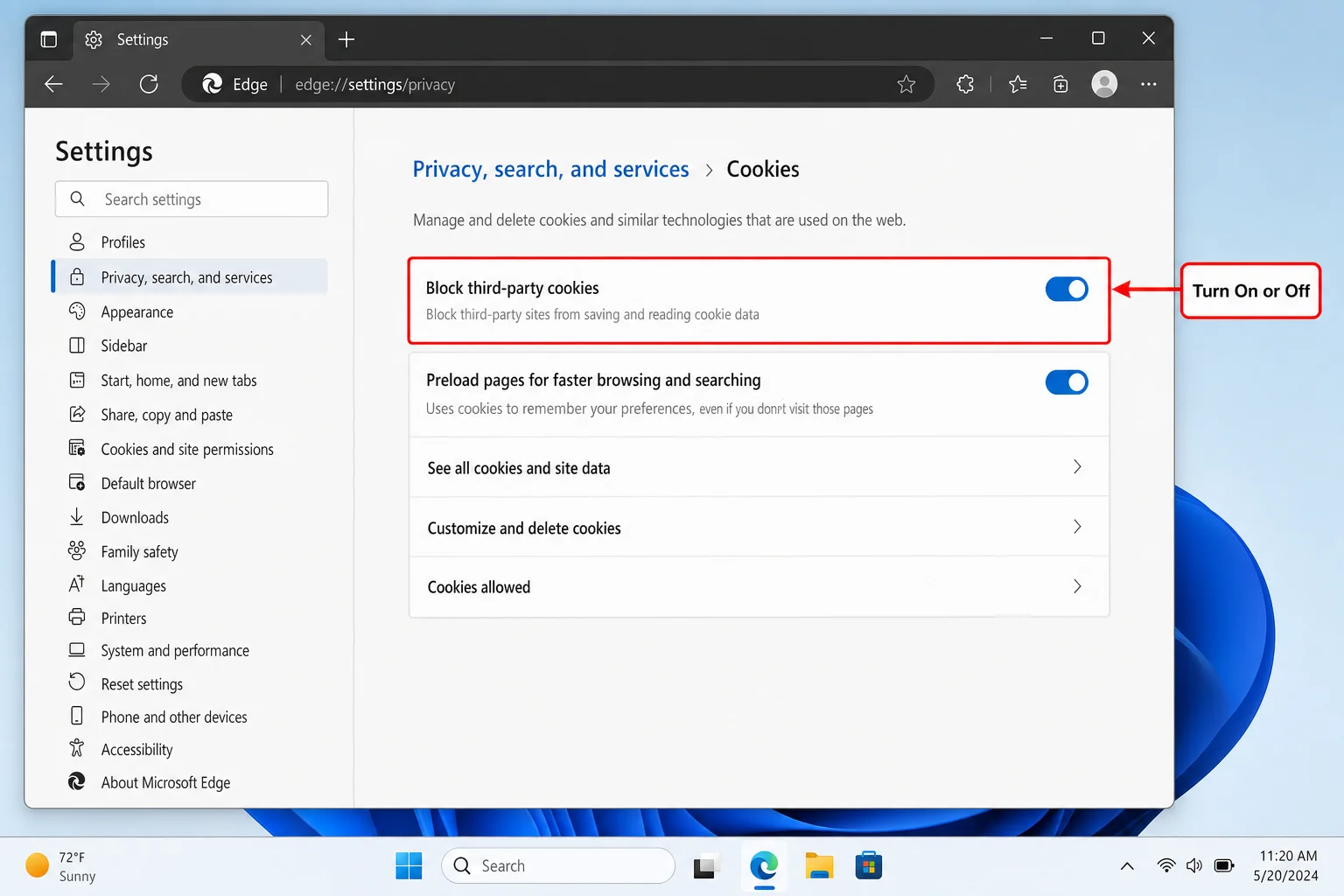 Edge Cookies and site permissions page with Block third-party cookies toggle turned on