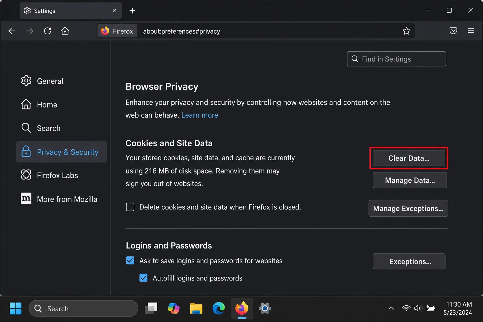 Firefox Privacy and Security settings showing Cookies and Site Data section with Clear Data button