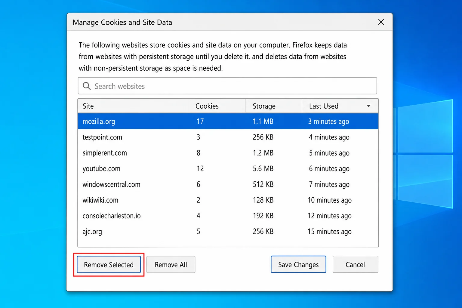 Firefox Manage Cookies and Site Data dialog with search box and Remove Selected button visible