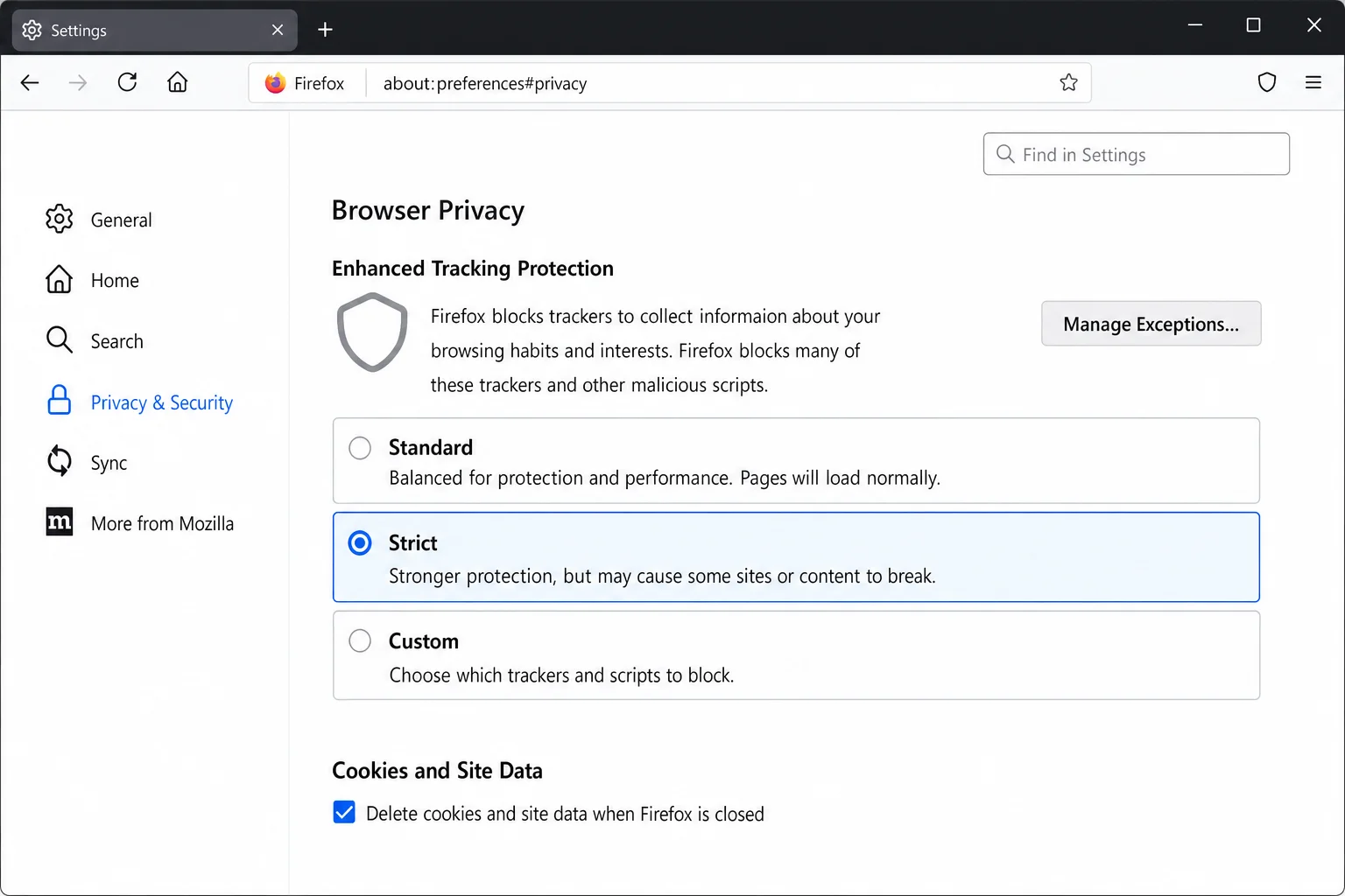 Firefox Privacy and Security page showing Enhanced Tracking Protection set to Strict and Delete cookies on close option