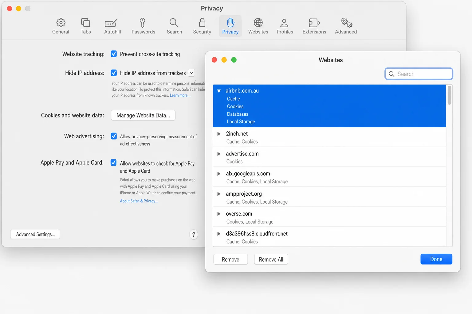 Safari Settings Privacy tab showing Manage Website Data button and the website data list with Remove All option