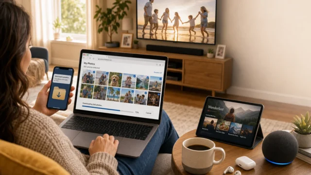 Person on a sofa backs up photos on a laptop while a TV shows a beachside family, with a tablet nearby on a table and a phone in hand. - download-google-photos-pictures-videos-featured