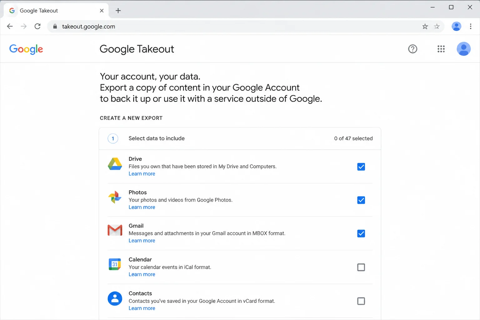 Google Takeout homepage at takeout.google.com showing the list of Google services available for export
