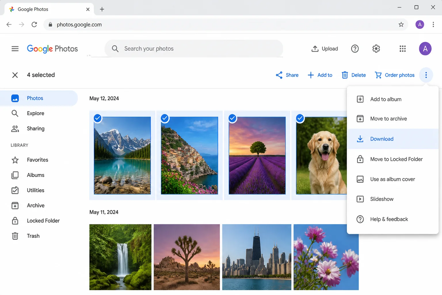 Google Photos grid with photos selected and three-dot menu open showing Download option highlighted