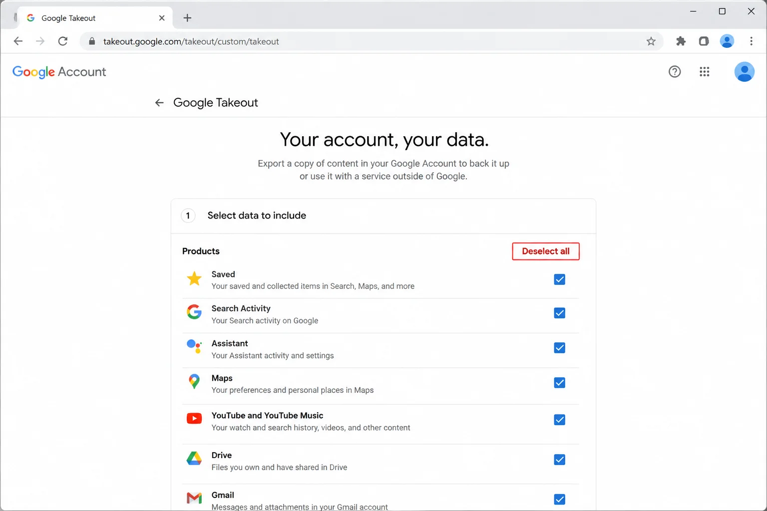 Google Takeout page with "Deselect all" button highlighted at the top of the services list