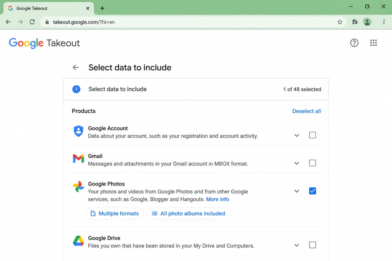 Google Takeout services list with only Google Photos checkbox selected/checked