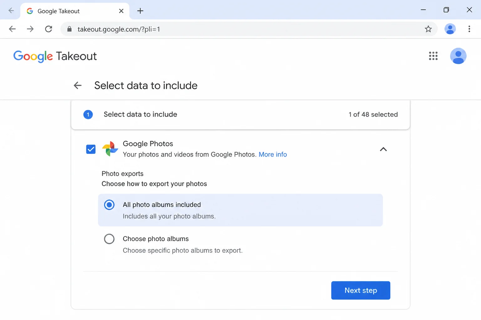 Google Takeout Google Photos album selection panel showing "All photo albums included" option with Next step button visible