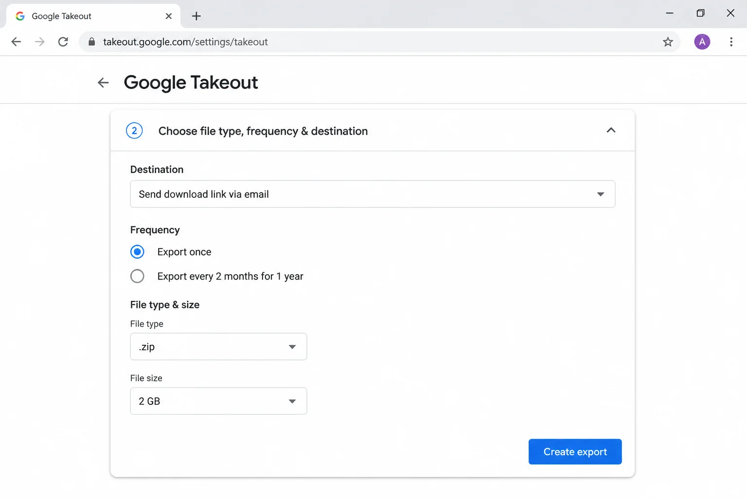 Google Takeout export settings page showing delivery method, frequency, file type, and archive size options