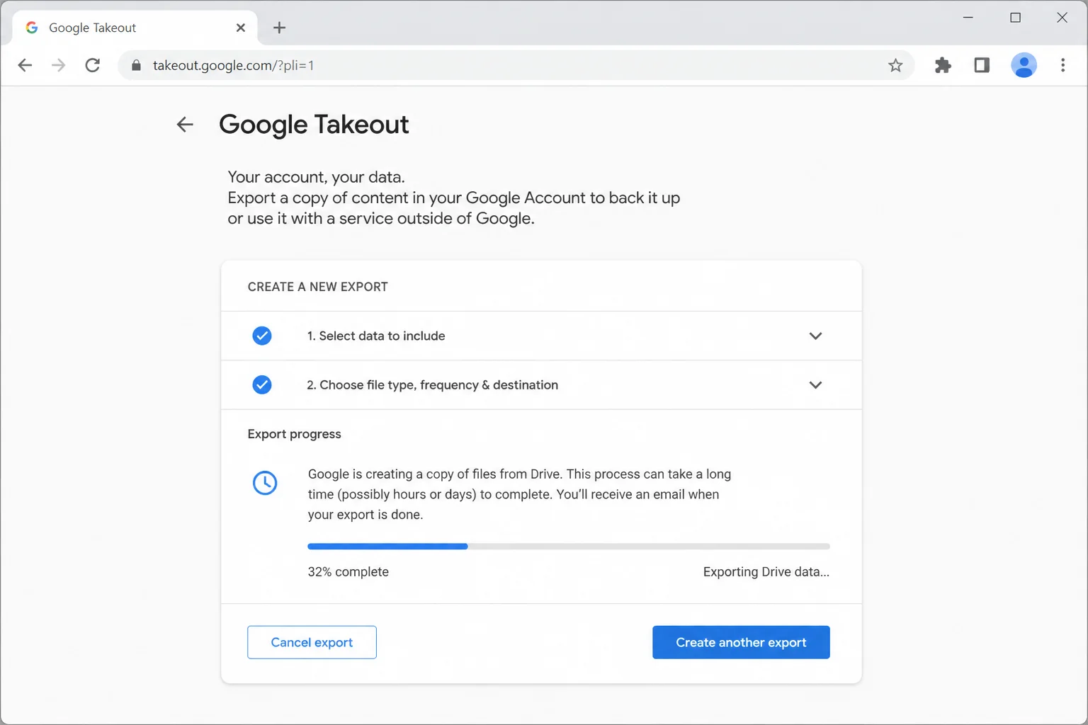 Google Takeout "Create export" confirmation page showing export in progress with estimated completion message