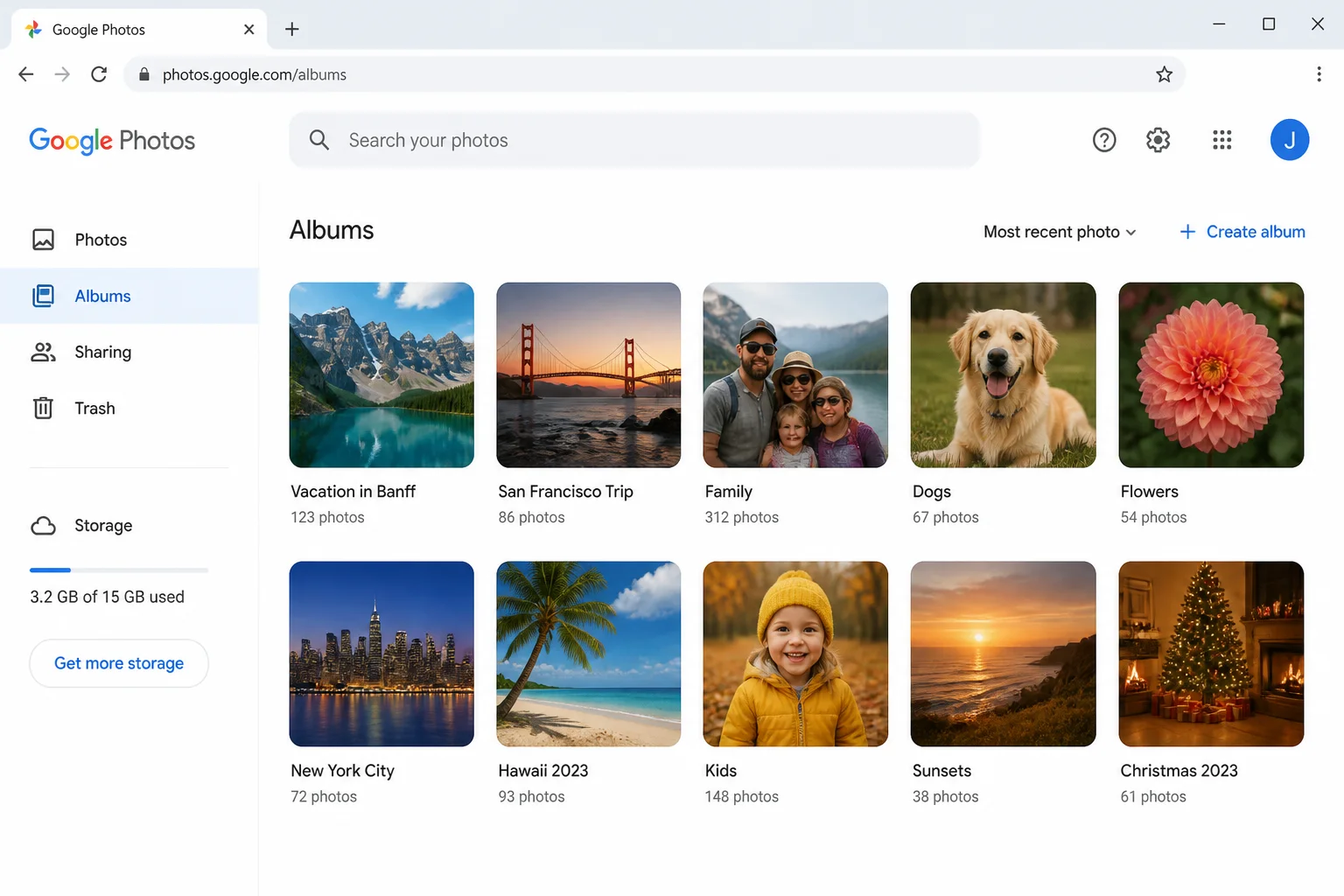 Google Photos website with Albums section selected in the left navigation sidebar showing album grid