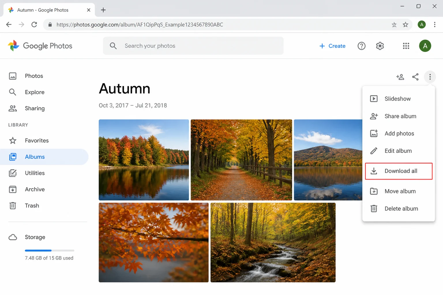 Google Photos album view with three-dot menu open and "Download all" option highlighted