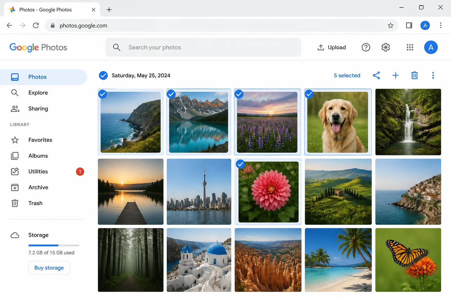 Google Photos main grid view with multiple photos selected showing blue checkmarks, and a date heading with checkmark visible