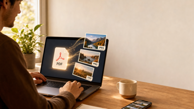 Person typing on a laptop; on the screen a glowing PDF icon sends image thumbnails labeled JPEG, PNG, and TIFF all pointing from the PDF - extract-images-from-pdf-files-featured