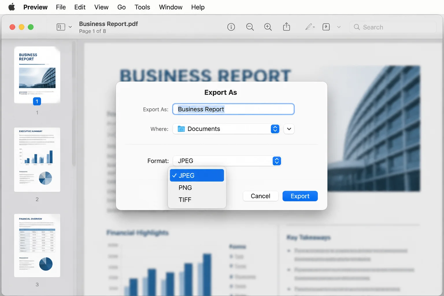 Capture a clean macOS Preview app screenshot showing the File menu Export dialog open, with a Format dropdown showing JPEG, PNG, and TIFF options, for exporting a page from a generic business PDF document. Standard macOS UI, no other content.