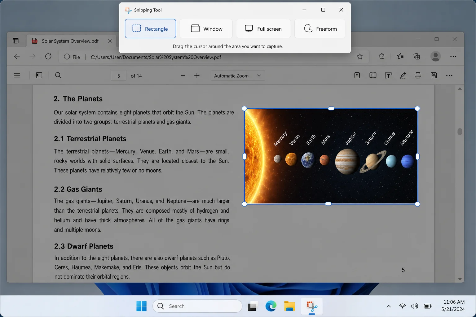Windows 11 Snipping Tool open with rectangular snip mode selected, capturing an image from a PDF open in Microsoft Edge
