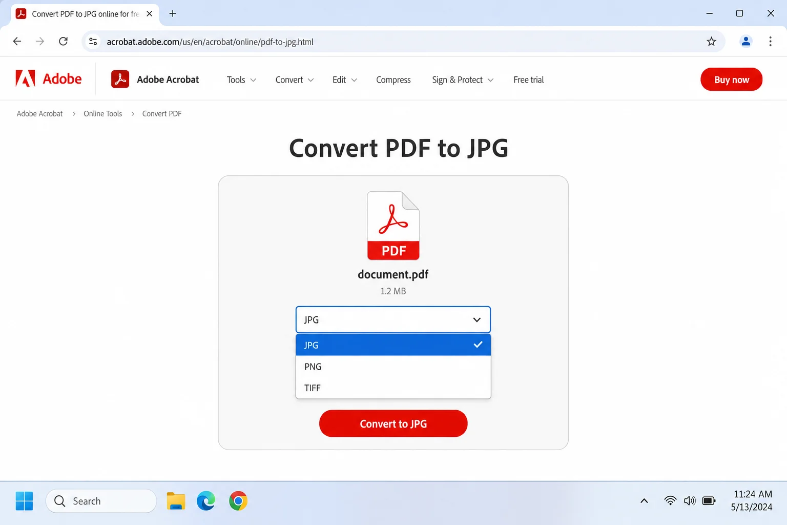 Adobe Acrobat online PDF to JPG converter page with a PDF uploaded and format dropdown showing JPG, PNG, TIFF options