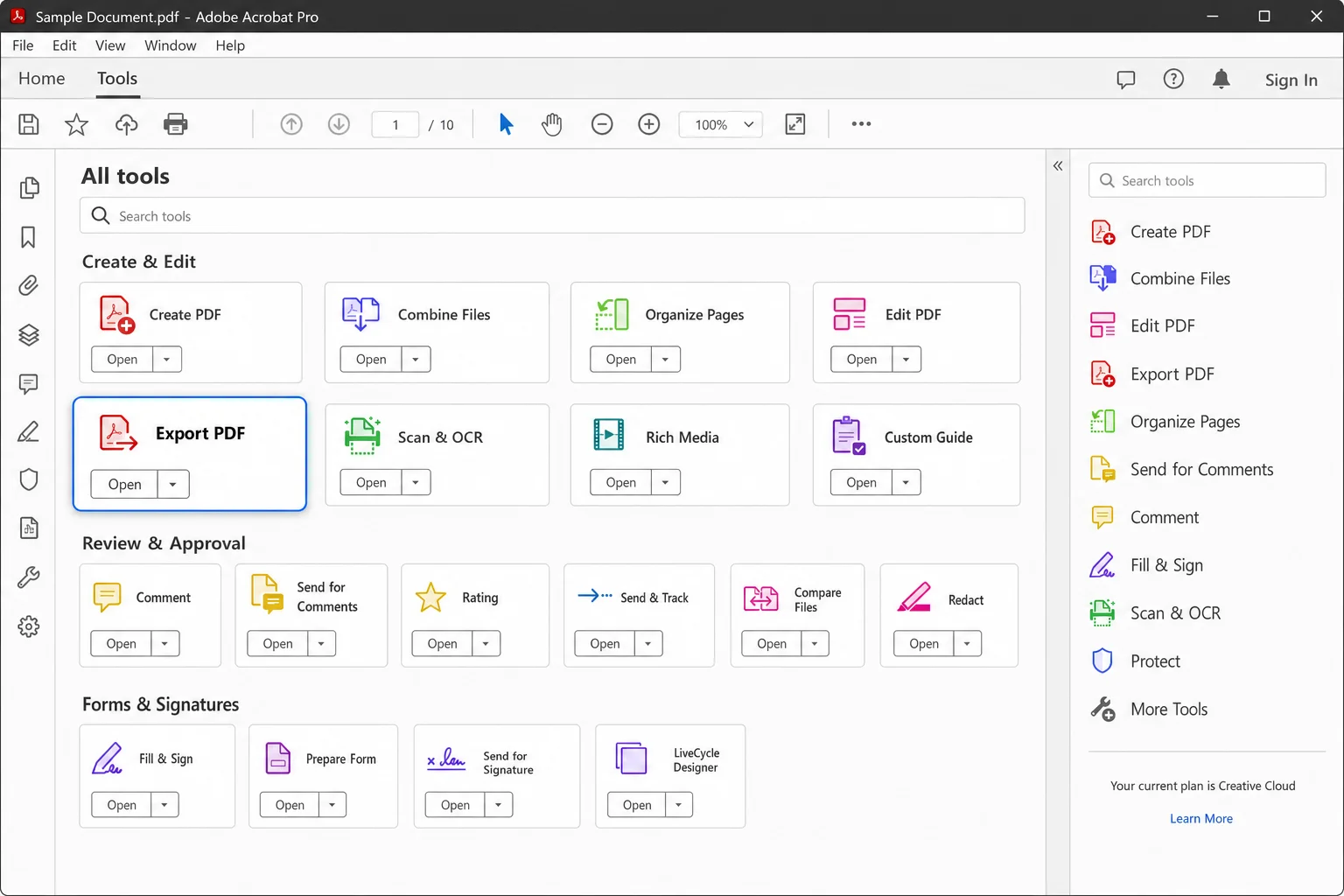 Adobe Acrobat Pro "All tools" panel with "Export PDF" option highlighted