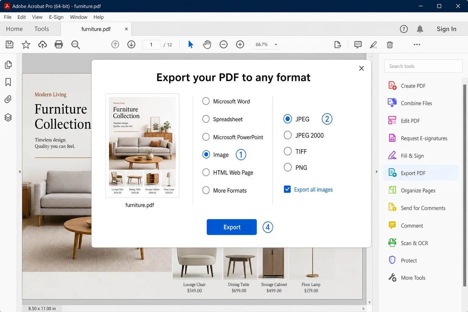 Adobe Acrobat Pro Export PDF panel showing Image selected as export type with JPEG format chosen and "Export all images" option visible