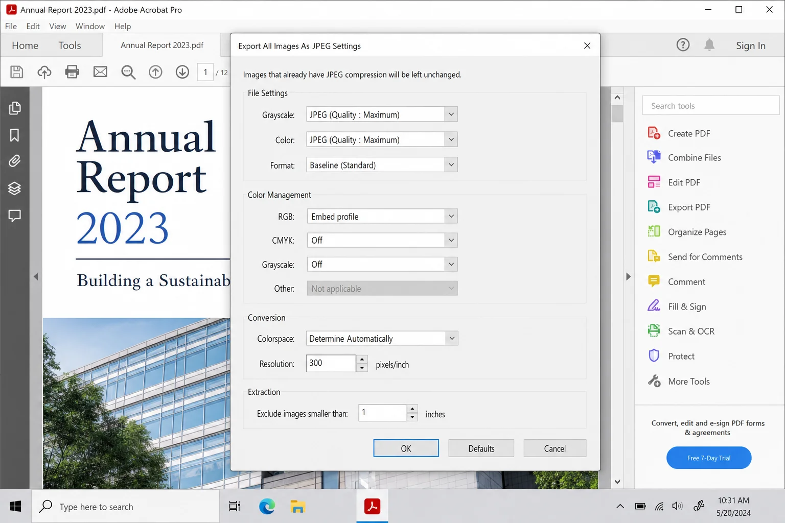 Adobe Acrobat Pro Export Images settings dialog showing resolution, quality, and minimum image size options