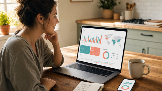 Woman sits at a wooden table, looking at a laptop displaying colorful data charts and a world map, with a notebook and smartphone nearby. - featured-1