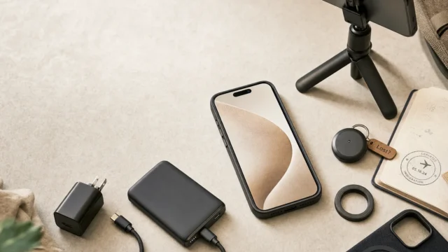Smartphone in a black case on a light beige surface, surrounded by charger, USB-C cable, tripod, lens cap, and a notebook with a 'Lost?' tag. - featured-1