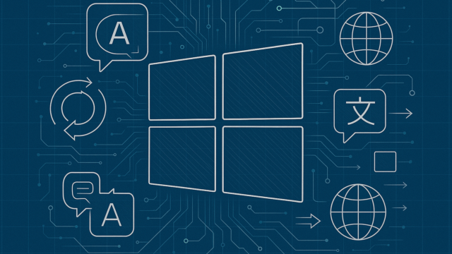 Blueprint-style Windows logo at center with circuit lines and icons for chat, globe, and language features. - featured-2