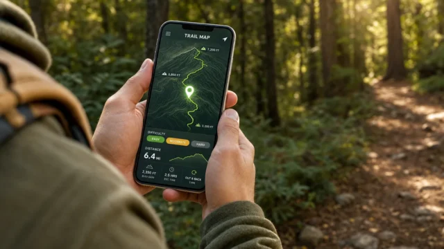 Hiker holding a smartphone with a trail map app open in a forest setting. A winding highlighted trail and elevation markers appear on the screen. - featured-2