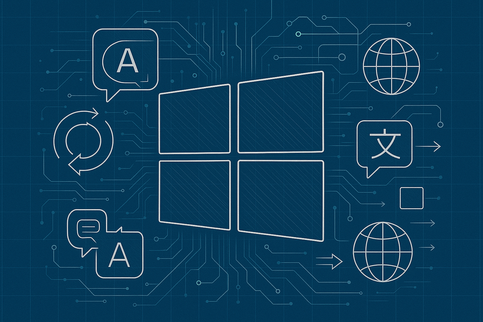 Blueprint-style Windows logo at center with circuit lines and icons for chat, globe, and language features. - featured-2