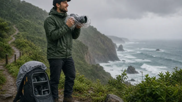 Man with a camera lens pointing toward a misty coastline in the rain, wearing a dark green rain jacket and cap, beside a loaded backpack on a rocky trail. - featured-3
