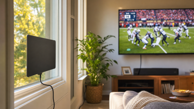 Cozy living room with a wall-mounted TV showing a football game, a green plant in a woven basket, and a couch with a throw blanket nearby. - featured-4