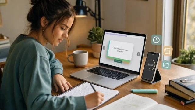 Woman studying at a wooden desk, writing in a notebook as a laptop displays a quiz card and a phone sits on a stand nearby. - featured-4