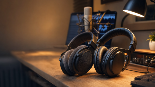 Over-ear headphones resting on a wooden desk in a home recording studio, with a microphone and laptop in the background. - featured-5
