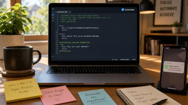 Laptop with a code editor open on a sunlit desk, surrounded by sticky notes, a mug, plant, notebook, and a phone showing a notification. - featured-5