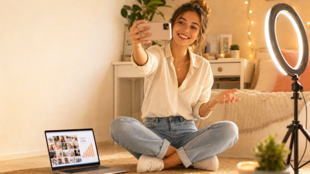 Young woman sits cross‑legged on a rug in a cozy bedroom, taking a selfie with her phone, ring light on her side and a laptop showing a photo grid nearby. - featured-6