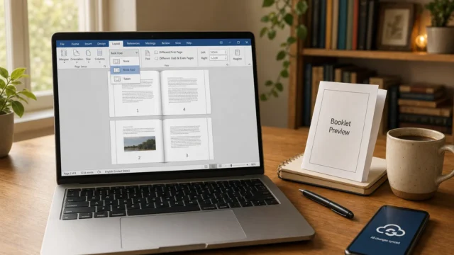 Laptop screen shows a booklet layout in a word processor beside a printed booklet preview on a stand; workspace with mug and plant nearby. - featured-6
