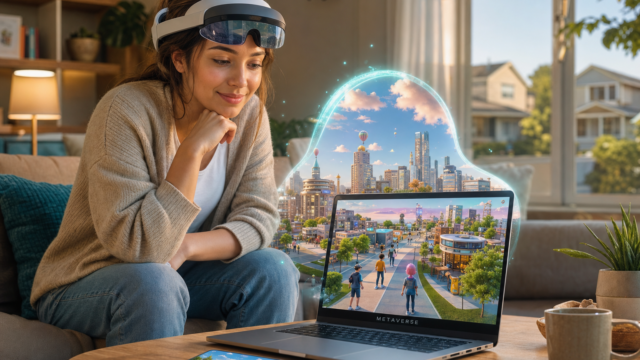 Woman wearing a VR/AR headset leans on a couch as a glowing cityscape rises from her laptop. - featured