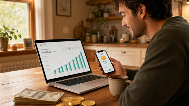 Man at a kitchen table looks at a laptop displaying a rising financial dashboard while holding a smartphone with a coin app open, coins and a mug on the table nearby. - featured-7